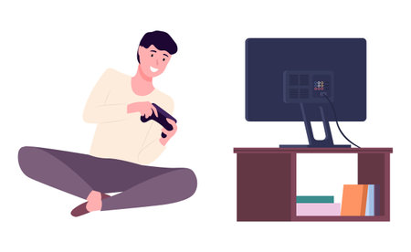 Guy plays video games. Young man gaming with gamepad controller, holding joystick in hands. Flat design vector illustration. Man siting on the floor in front of the monitor and playing a computer gameのイラスト素材