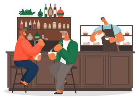 Two men friends sitting on modern chair eating noodles in restaurant. Male characters holding sticks and boxes with japanese food. Business partners has dinner in a cafe interior flat vectorのイラスト素材
