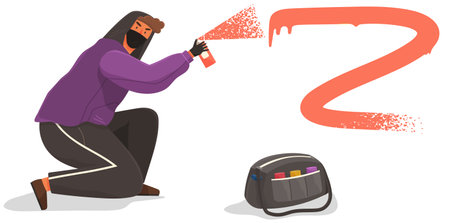 Vandal damaging city building. Bandit in hood and balaclava painting graffiti isolated on white background. Street gangsters and vandalism. A man bandit sprays paint from a balloon, spoils propertyのイラスト素材