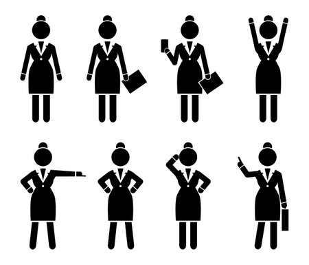 Set of business woman black silhouettes icons of different girls. Women in action. Lady dressed formally full length. Businesswoman activities at work. Positions and actions of a person. Modern womanのイラスト素材