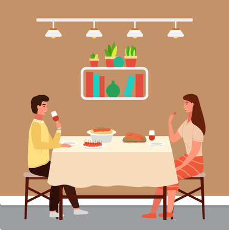 Couple tasting italian food and drinking wine. Characters have dinner on a date at a cafe. Interior layout of restaurant in italian style. Table with pasta and meat steak. Tasting snacks for alcoholのイラスト素材