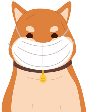 Ginger dog is putting on a mask. Red-haired dog with a mask on. Happy ginger dog in medical mask, vector illustration, isolated on white background. Self-isolation during quarantine, and pandemicのイラスト素材