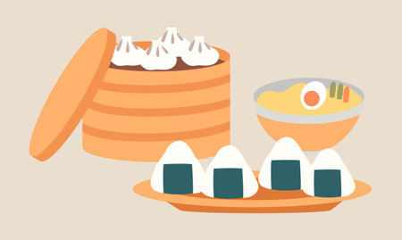 Oriental cuisine dishes vector illustration. Japanese food emblem isolated on a white background. Demonstration of serving onigiri with nori and ramen soup. Large deep mantle cooker with manti insideのイラスト素材
