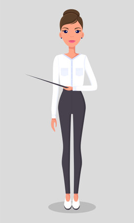 Girl with a pointer in her hand. Business woman wearing a blouse presents a report. Flat character illustration isolated. Pretty young slim woman in business clothes. The teacher leads the lessonのイラスト素材