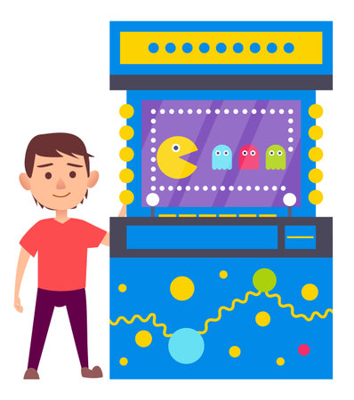 Monitor of game machine with pixel old-fashioned video-game. Male character playing, level in gambling computer, smiling player, entertainment vectorのイラスト素材
