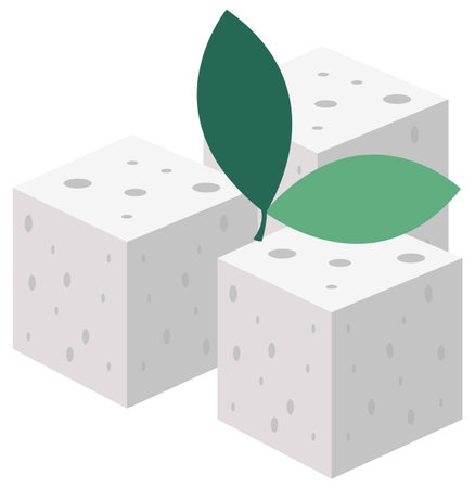 Three cubes of sugar isolated on white background. Pressed sweeteners vector illustration. Sugar for adding to food formed in the form of cubes with a green leaf on top. White sweetener with dark dotsのイラスト素材