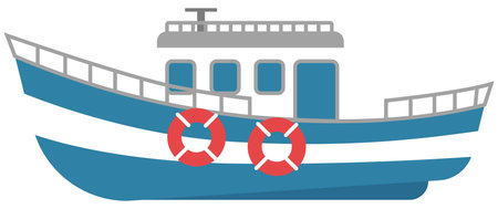 Ship for travel by water. Sea transport isolated on a white background. Boat with anchor and cabin. Lifebuoys to rescue drowning people are on the board. Vehicle for transporting passengersのイラスト素材