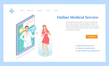 Medical site page. The doctor advises the patient a woman. Critical diagnose. Cardiologist speaks with patient online via smartphone. Web page template. Online medicine concept. Flat illustrationのイラスト素材