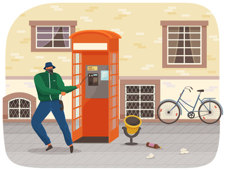 Vandal damaging the telephone booth on the town street. Bandit in mask and hat destroy city property. Street gangsters and vandalism concept. Cartoon vector illustration with a man breaks telephoneのイラスト素材