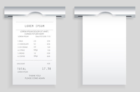 Payment check paper document poked out of cash register. Buying financial invoice bill purchasing calculate pay. Receipt the seller forms at online checkout for transfer to buyer. ATM receipt checkのイラスト素材