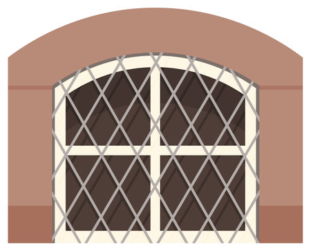 Transparent double plastic window with metal mesh in brown wall flat vector illustration. Window with spros for building fitted with glass in a frame. Home, office design for residential projectのイラスト素材