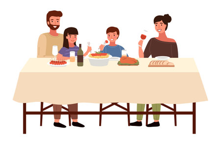 Italian family together. Dining table with pasta and snack. People are eating italian food. Parents are drinking wine. Children with forks in their hands. Relatives isolated on white backgroundのイラスト素材