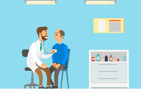Consultation with a practitioner cardiologist in clinic office. Health check with a stethoscope. The doctor examines the patient, ready to help, cartoon characters. Therapist listens to the heartbeatのイラスト素材
