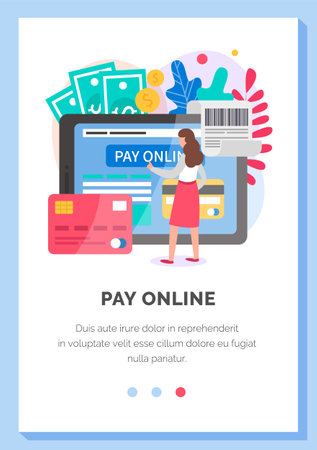 Internet app layout. Program for online remote payment of purchases using phone or card. Online platform landing page template. Application to pay with credit card. Girl on the screen makes a paymentのイラスト素材