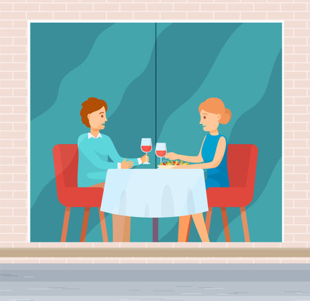 Lovers on a date in a restaurant. Married couple celebrate the holiday together. Man and woman sitting at the table and drinking red wine, people communicating on a date. Nice family eveningのイラスト素材
