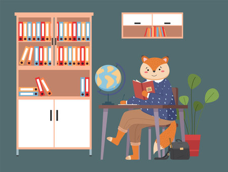 Funny cartoon animal student in geography lesson. The cat sitting with a notebook and reading. Back to the school concept. Active pupil looks at the copybook and does his homework in the classのイラスト素材