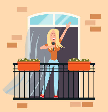 A girl with a microphone sings on the balcony of her house. Female character resting at home. Person stays at home, daily routine, hobby time relaxing. Woman performing music standing on the verandaのイラスト素材