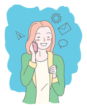 Cute cartoon character girl. Isolated at white portrait of smiling young girl. Cute pretty girl talking on phone, dialogue cloud, message, paper plane icons. Simple avatar of young female with phoneのイラスト素材