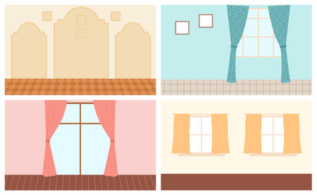 Set of scenes of home interior. Cozy place of the room near window with curtains, paintings and carpet hang on the wall. Living room with a place for family gatherings. Apartment room furnitureのイラスト素材
