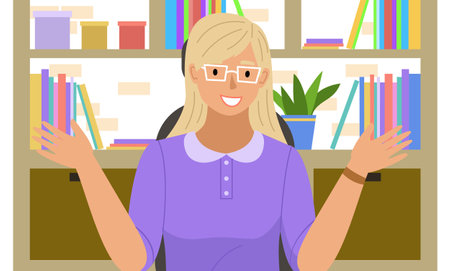 Smiling woman having conference video call. Beautiful girl is chatting online, working from home. Female character in glasses waving hands up. Shelf with books in the background, vector illustrationのイラスト素材