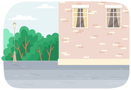 City street buildings view with green bushes modern cityscape empty downtown illustration. Spring or summer season cartoon city landscape with green high trees behind a brick wall, road, cloudy skyのイラスト素材