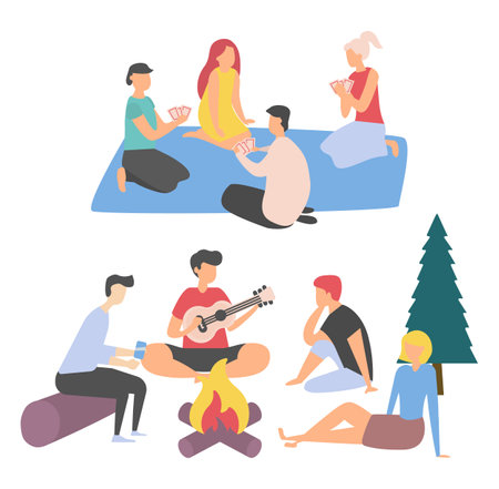 Friends spending summertime together vector, happy adult people playing cards sitting on blanket, students playing on guitar in summertime by campfireのイラスト素材