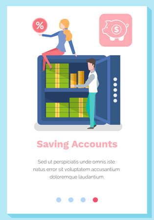 Saving account concept. Website or slider app, landing page. People are working in an online bank. Piggy and strongbox with cash and coins money investment. Website or slider app, landing pageのイラスト素材