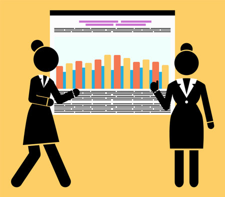 Businesswoman give a report, two woman standing near poster show graphics and text descriptions. Business presentation of the result. Teamwork analytics management, office workers analyze chartsのイラスト素材