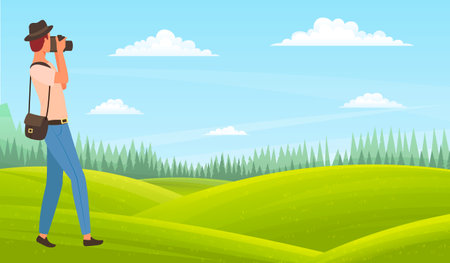 Man photographer takes pictures of green field, bushes, conifers. Landscape. Strip of coniferous forest. Bushes, shrubs, grass, wildflowers. Natural landscape. Flat image for games, applicationsのイラスト素材