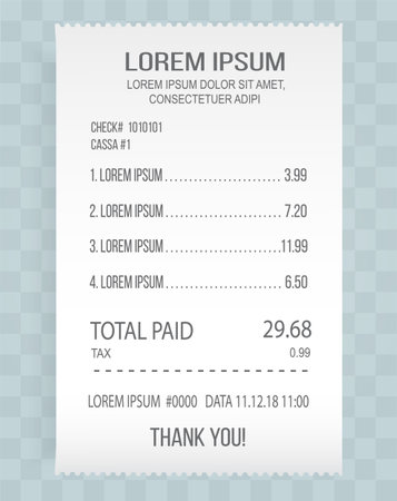 Payment check paper document. Buying financial invoice bill purchasing calculate pay vector isolated. Receipt the seller forms at the online checkout for transfer to the buyer or client, paper pieceのイラスト素材