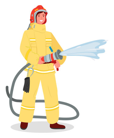 Illustration of a girl wearing fireman safety costume with helmet and holding fire hose isolated on white background. Firefighter modern woman in the male profession vector flat design brave firewomanのイラスト素材