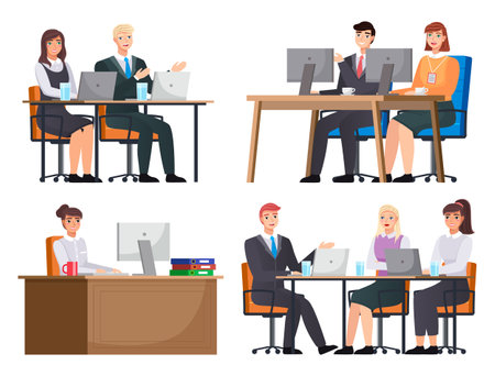 Office staff, work and communication. Head and subordinates. Various workers, managers team. Top managers employees of different levels. Office workers. Co-workers. Colleagues discuss project teamworkのイラスト素材