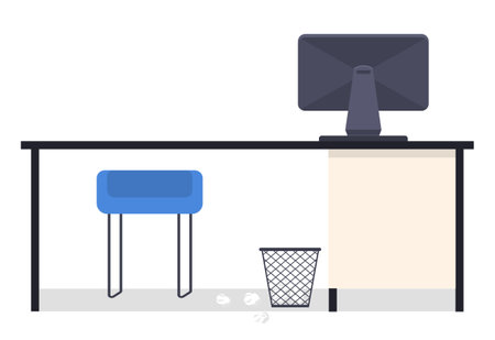 Interior of office empty workplace isolated at white. Chair, office table with computer monitor, bin and two crumpled paper. Design of workspace. Cartoon vector illustration, simple icons, nobodyのイラスト素材