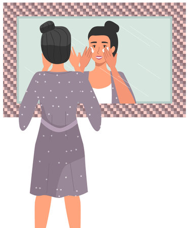 Woman using cosmetic cleansing gel to clean her face. Girl doing morning routine in the bathroom. Female character looking in the mirror and applying skin care product. Person washes her faceのイラスト素材