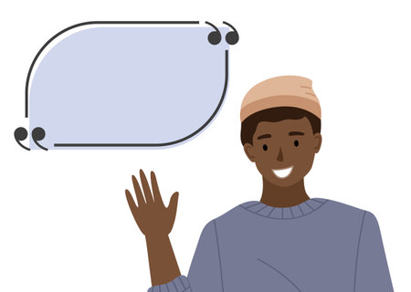 Male character design, a man with a speech bubble on white background. Doodle cartoon style flat vector illustration with a young happy dark skinned guy waving hand hello with empty balloon for textのイラスト素材