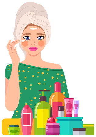 Beautiful girl applying moisturizer cream on her face, stands with a towel on her head after a bath. Makeup cosmetics tools and Korean cosmetics. Beauty products collection for skin care and healthのイラスト素材