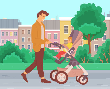 A young father walking with baby stroller in the park. Dad spend time with his son ourdoors. Male character pushing baby carriage in open area against the background of urban buildings and green treesのイラスト素材