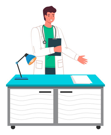 Veterinary care. Veterinarian doctor male character in the medical office. Doctor in a medical room with special furniture, medic desk with lamp and papers . Smiling man in veterinarian clothesのイラスト素材