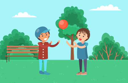 Boys play with a ball while walking on the street. Children spend time outdoors vector illustration. Guys raise their hands to throw and hit the red ball. Friends playing together in the parkのイラスト素材