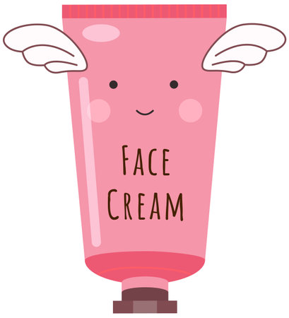 Cute face cream in tube isolated on a white background. Pink tube sticker with cheerful face and small wings. Face and body skin care product. Part of series of korean decorative cosmetics itemsのイラスト素材