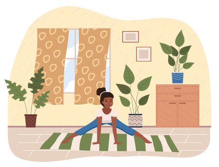 Young dark skinned girl doing stretching warm up exercise at home. Vector cartoon illustration girl doing fitness in living room, monitors her health. Development flexibility, healthy lifestyleのイラスト素材