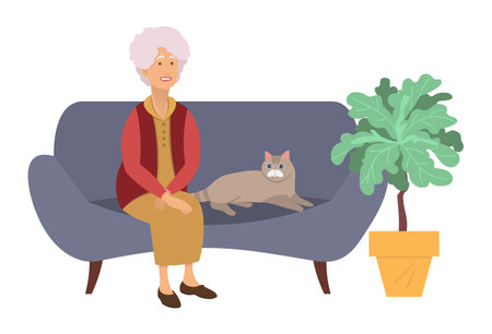 Old woman sitting on the sofa with a cat. Elderly people lifestyle concept. Senior woman relaxing at home. Vector illustration in cartoon style, grandmother with her pet on a white backgroundのイラスト素材