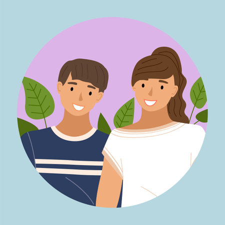 Young people in casual clothes on a background of green leaves. Friends guy and girl, couple in love. Smiling man and woman standing straight. Married couple husband and wife. Colleagues portraitのイラスト素材