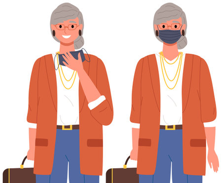 Female character is putting on mask. Woman in a sweater is posing in medical mask vector illustration isolated on white background. Self-isolation during quarantine and pandemicのイラスト素材