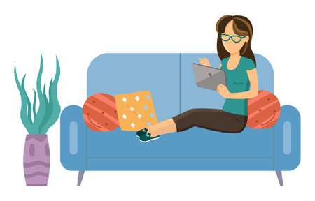 Woman in glasses sitting on the couch with a tablet. The girl with electronic equipment playing video game. Female character is resting and spending time at home. Person relaxing with a tabletのイラスト素材