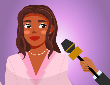 Press conference with woman. Journalist with microphone interviews a famous afro american girl. Social media and famous person. Beautiful female character with makeup and accessories while recordingのイラスト素材