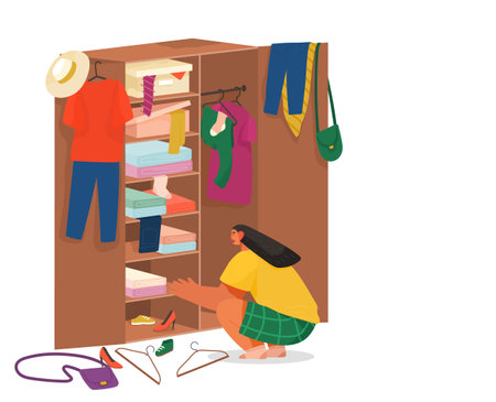 Girl squatting rummages in wooden cabinet. Clothes on hangers in the cupboard. Choose or fold clothes. Mess things. Women s fashion accessories.Wooden furniture with hanger and boxes with clothingのイラスト素材