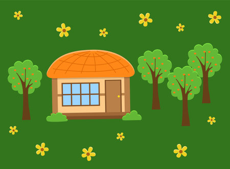 Asian village old house vector art illustration. Rural building, natural landscape with grass and flowers, green trees. Thatched-roof rural small house. Traditional consrtuction with reed roofのイラスト素材