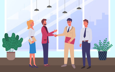 Businessmen communicating, shake hands with each other, agreed on business cooperation. Smiling friendly colleagues wearing in formal clothes. Office staff meeting, appointment of business partnersのイラスト素材