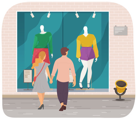 Young man and woman characters walking holding hands, happy romantic couple in love outdoor. Nice walk on a date. Friends are walking near a shop window with mannequins and choose modern clothesのイラスト素材